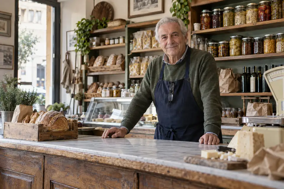 The owner of a grocery store behind the counter
